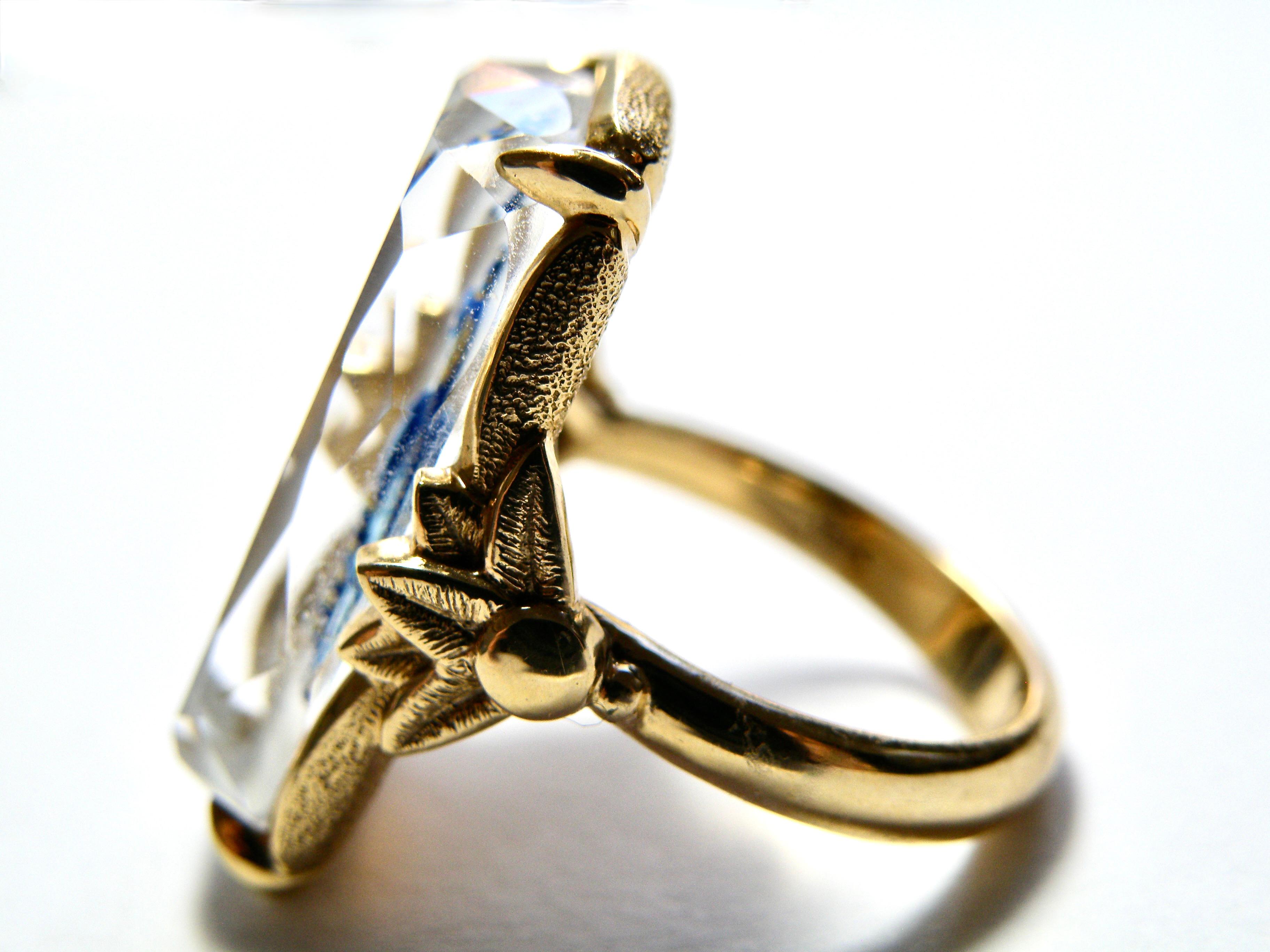 Contemporary 18K Hand Painted Reverse Crystal Cat Ring For Sale