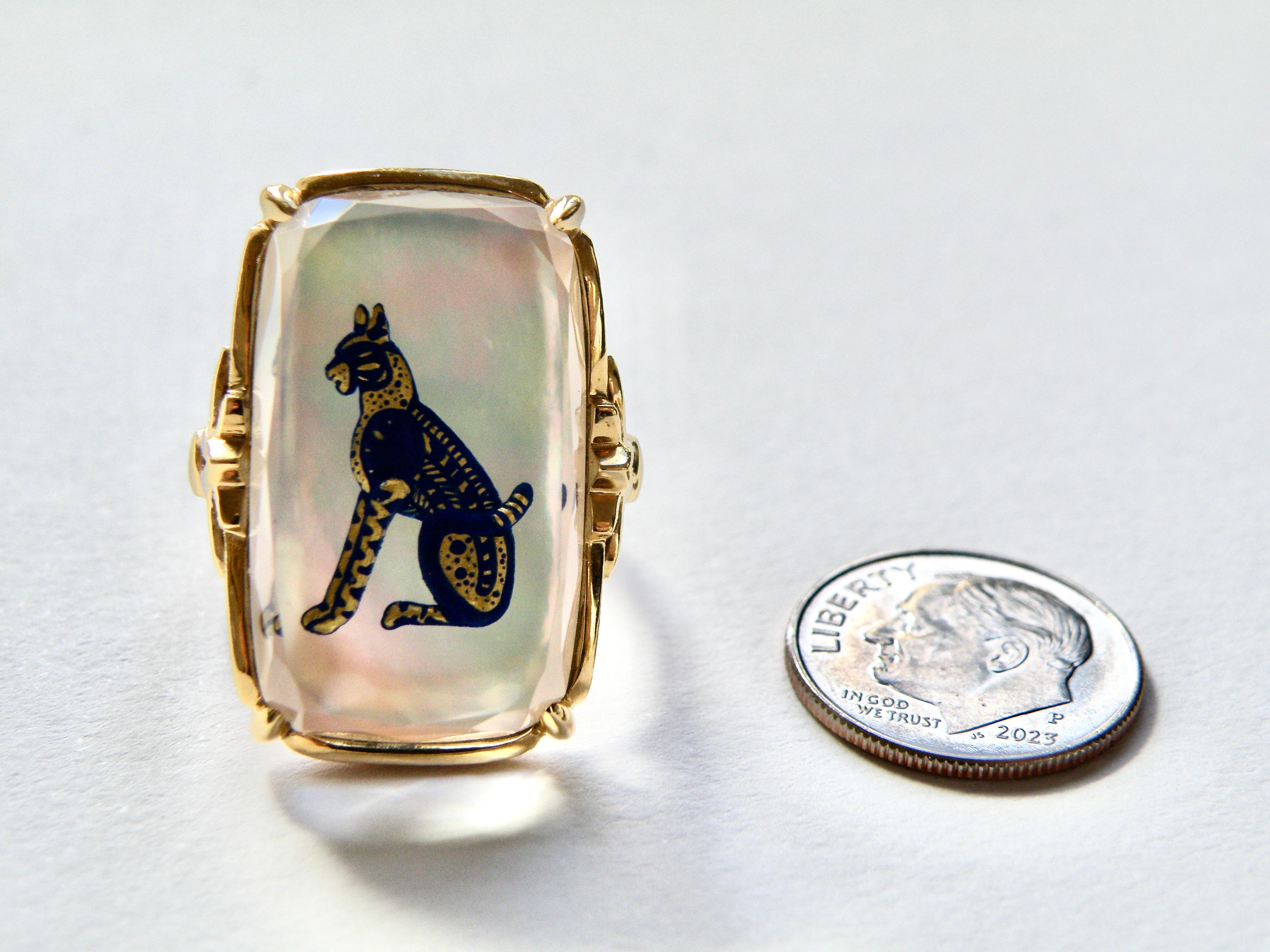 Cabochon 18K Hand Painted Reverse Crystal Cat Ring For Sale
