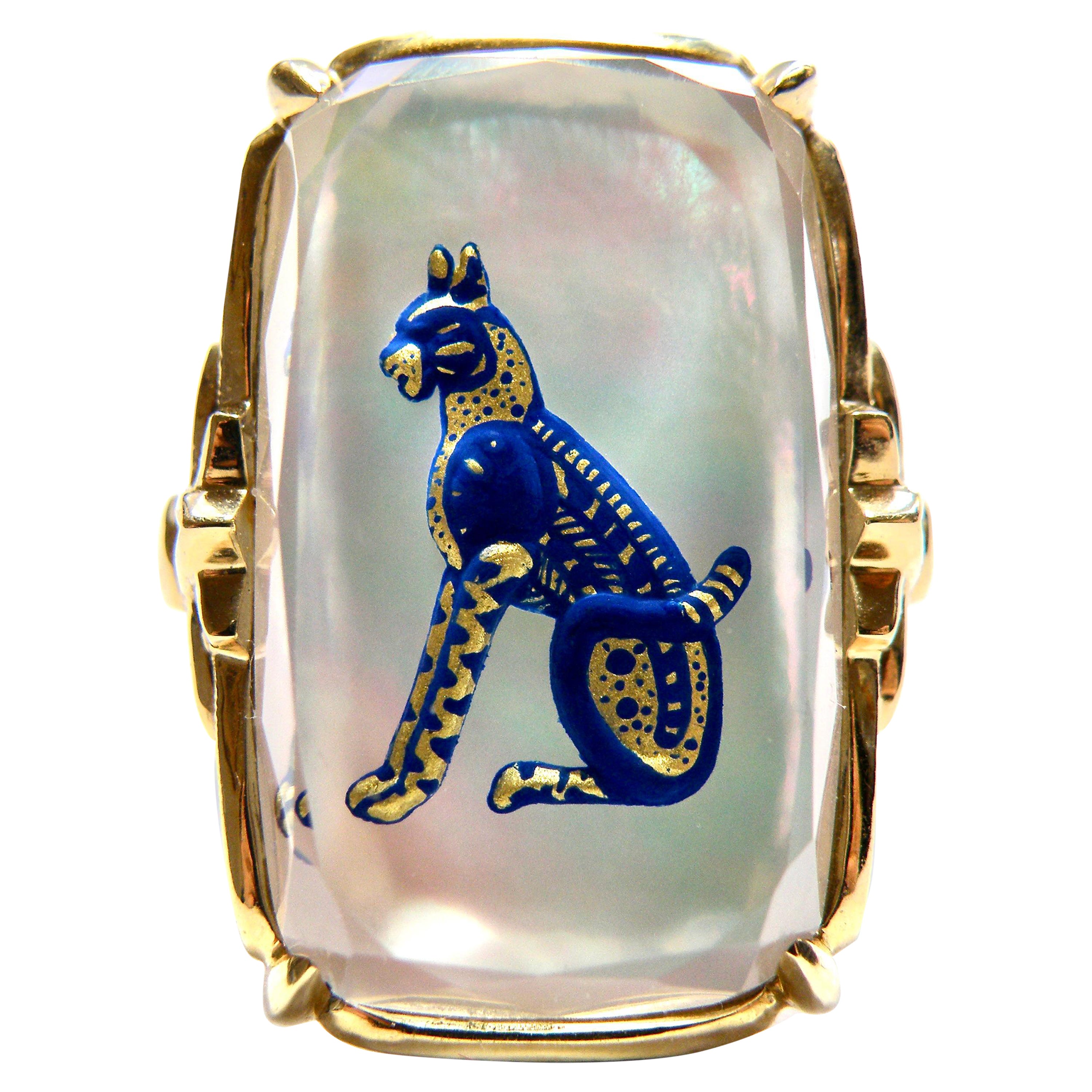 Anillo de Gato de Cristal Reverso Pintado a Mano 18K