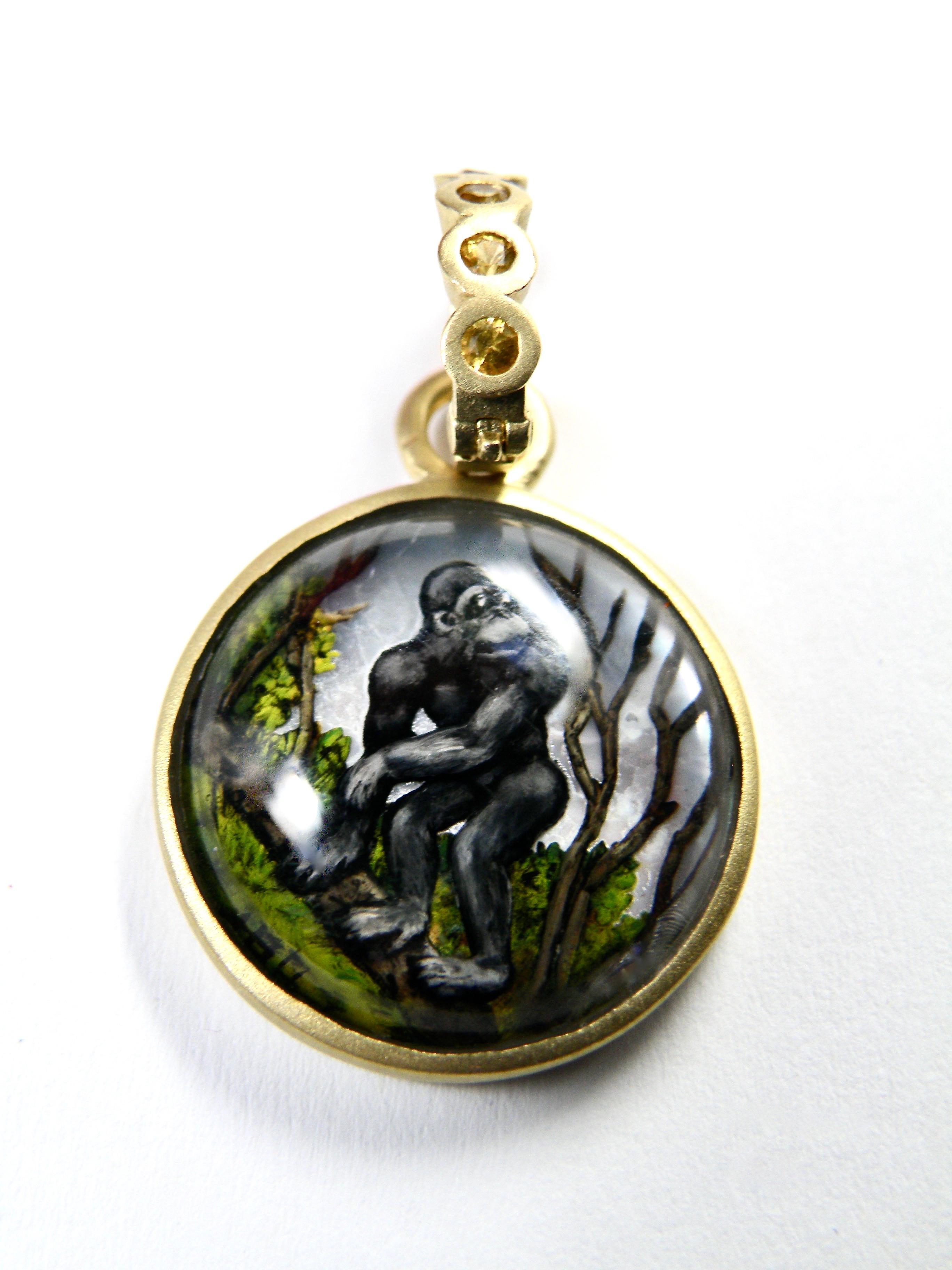 Contemporary 18K Hand Painted Reverse Crystal Gorilla with Sapphire Bail For Sale