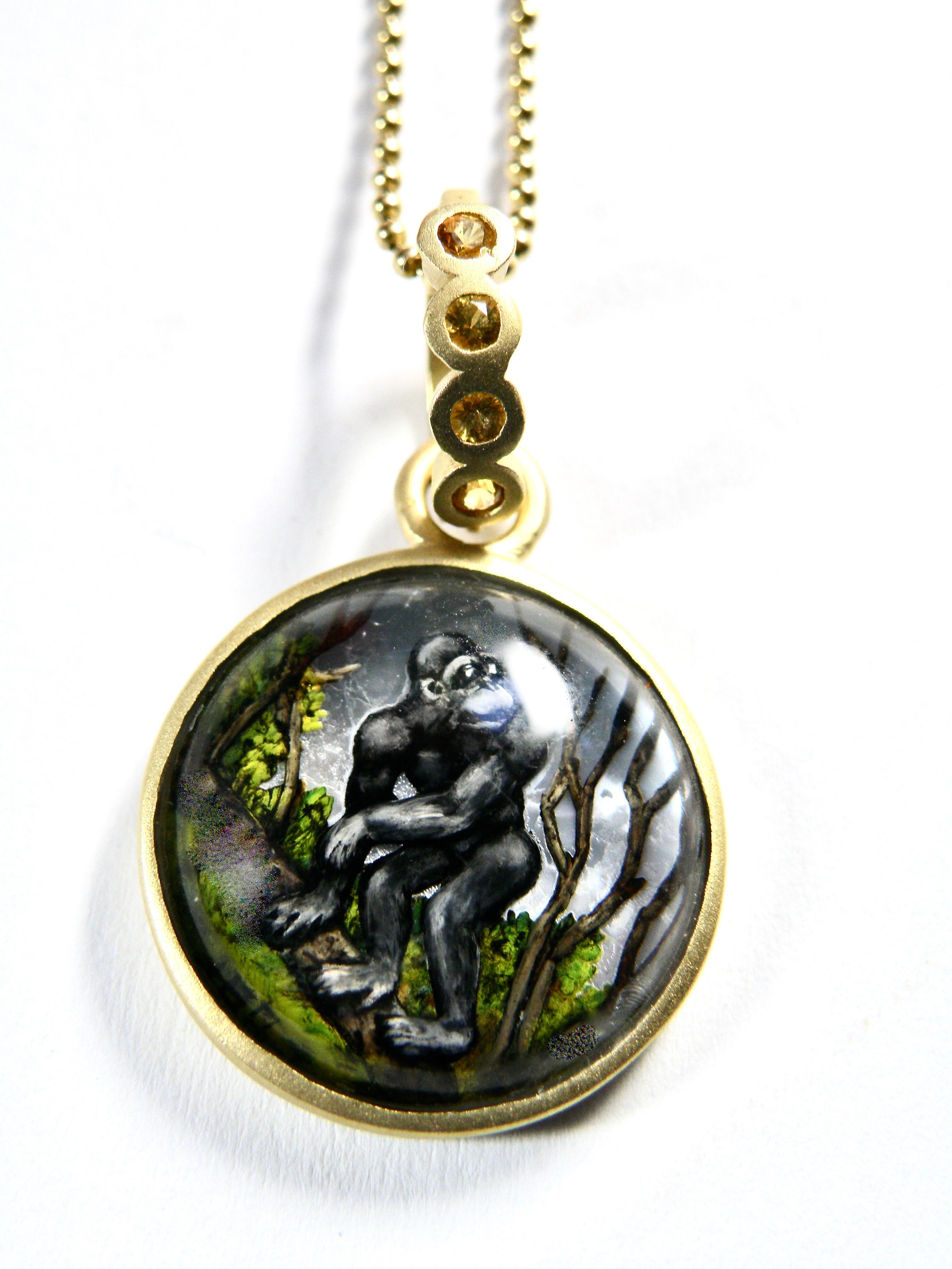 Round Cut 18K Hand Painted Reverse Crystal Gorilla with Sapphire Bail For Sale