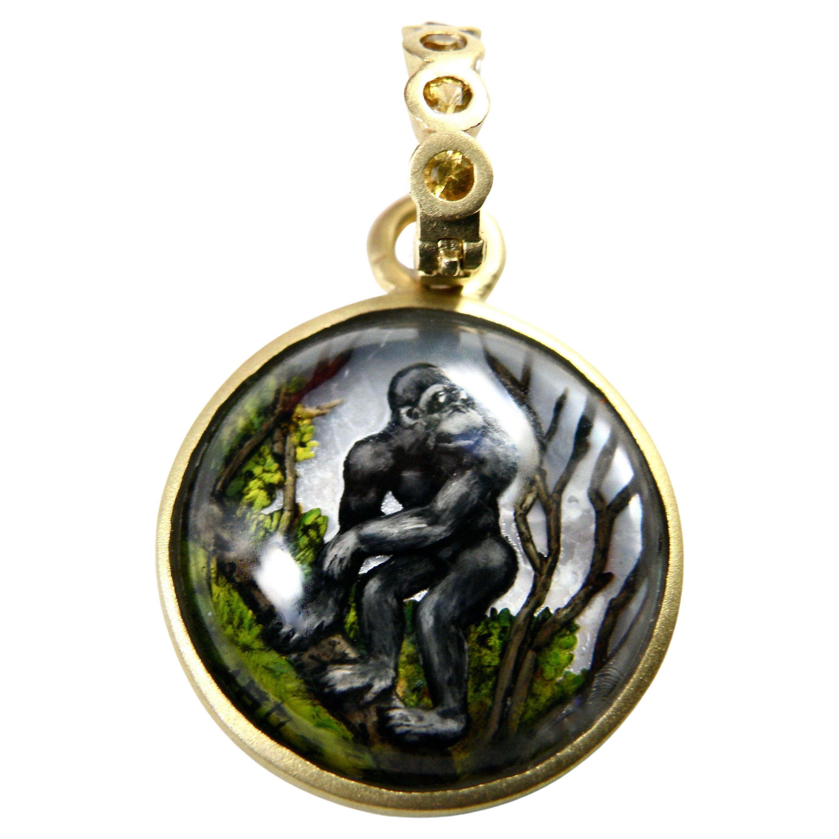 18K Hand Painted Reverse Crystal Gorilla with Sapphire Bail For Sale