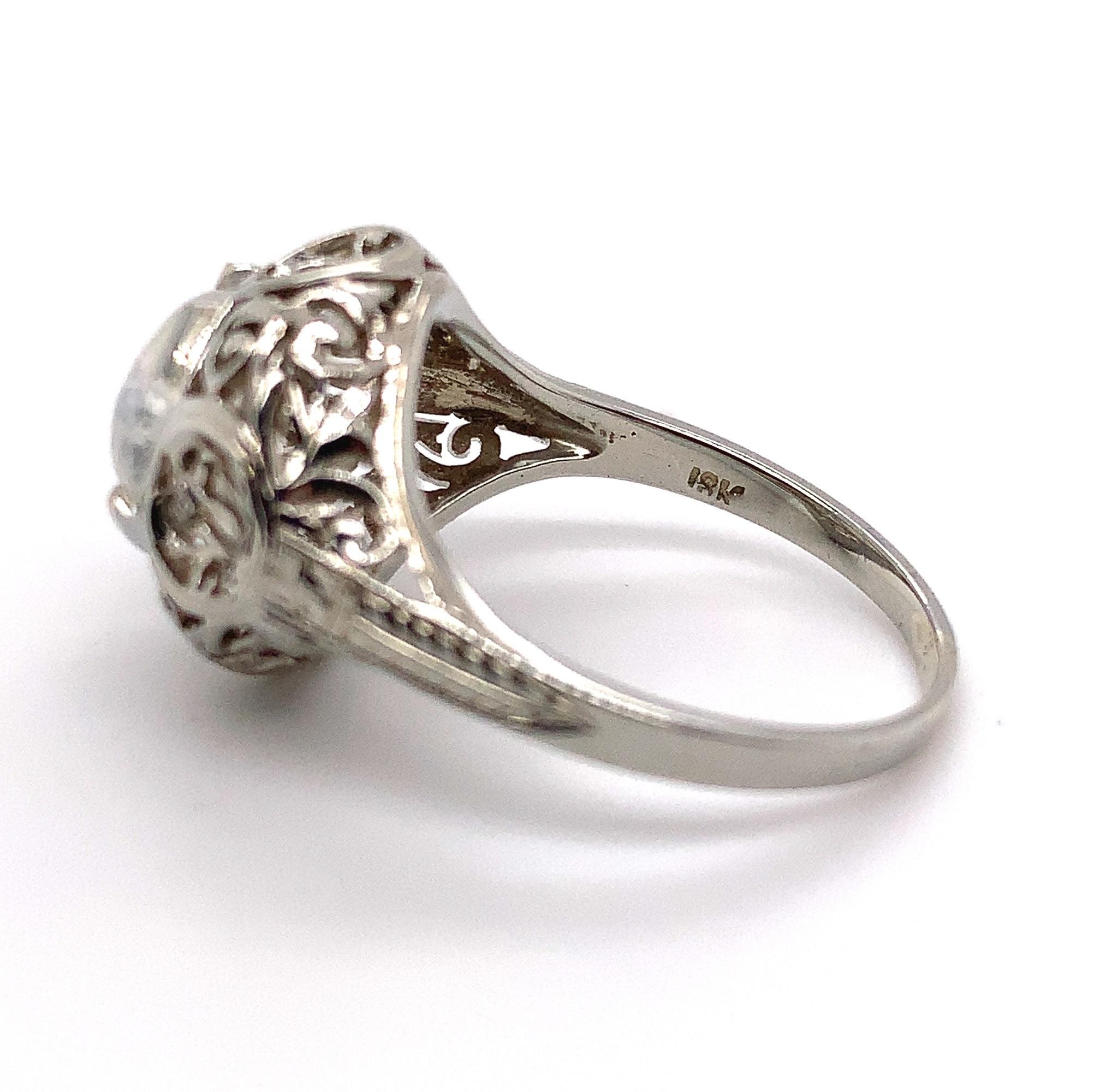 Art Deco 18K Hand Pierced Filigree Moonstone Ring For Sale