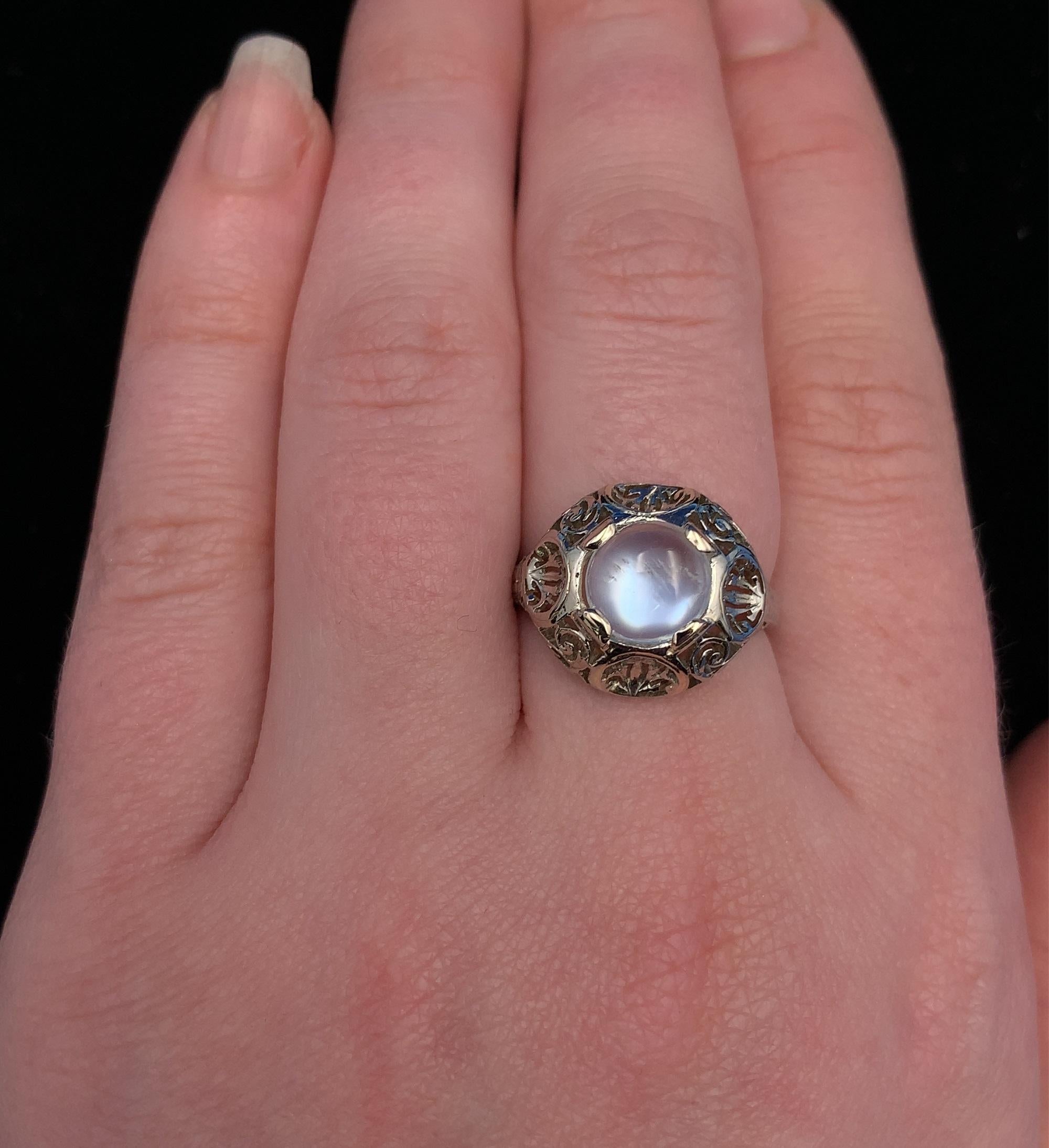 Round Cut 18K Hand Pierced Filigree Moonstone Ring For Sale