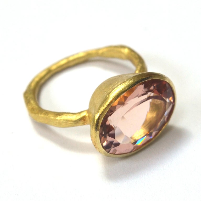 Contemporary 18k Handmade Gold Organic Texture Ring with 7ct Oval Morganite by Disa Allsopp