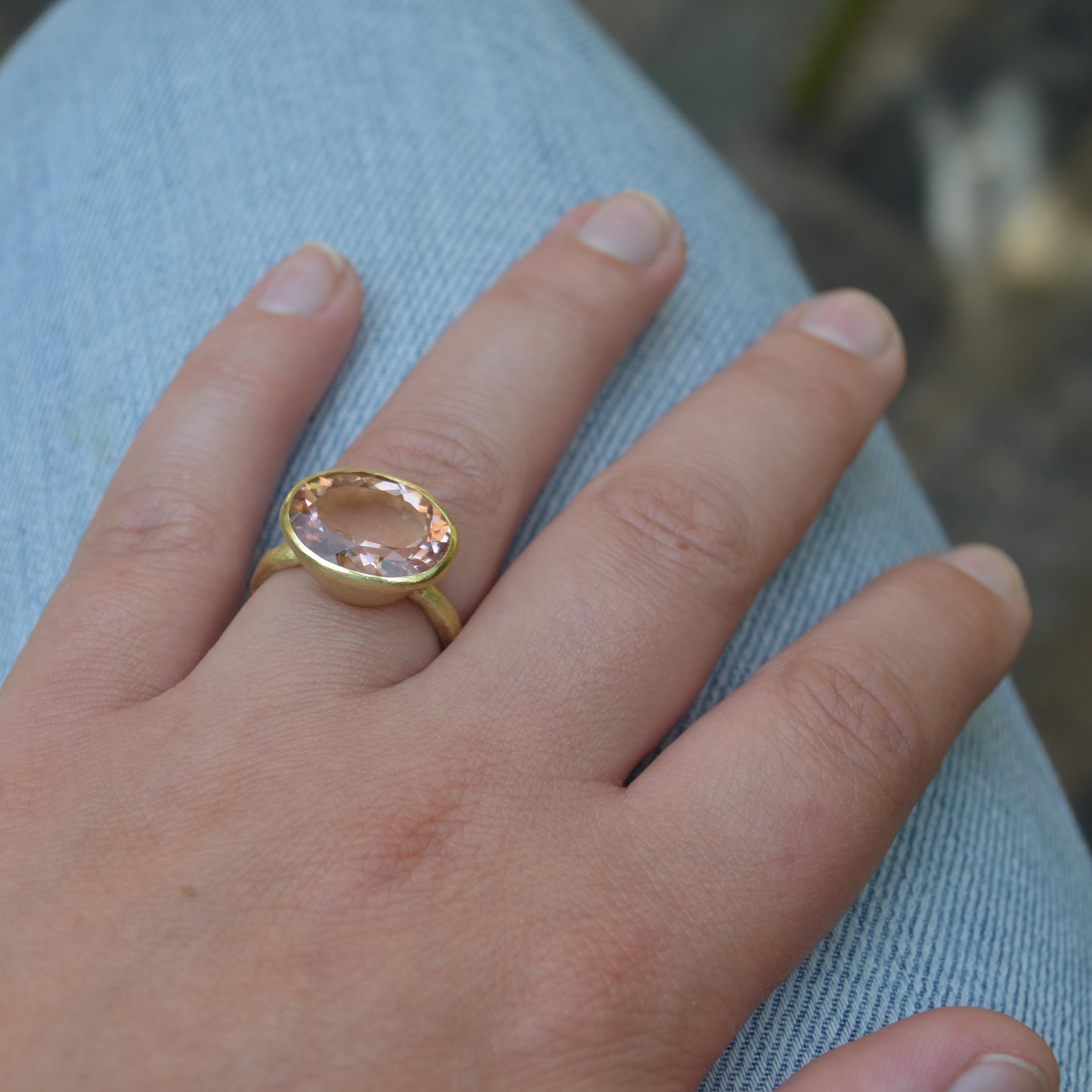 Women's 18k Handmade Gold Organic Texture Ring with 7ct Oval Morganite by Disa Allsopp