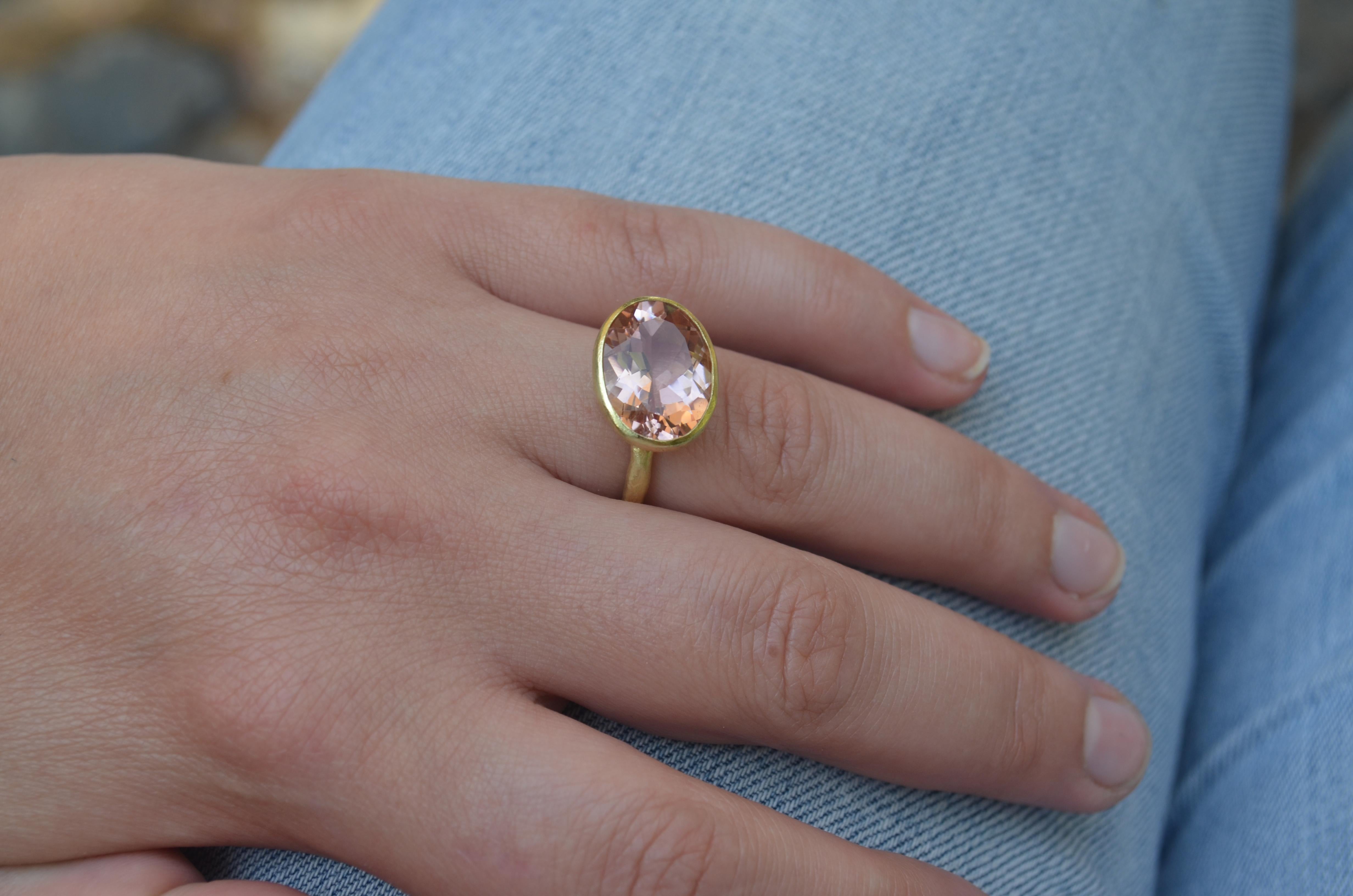 18k Handmade Gold Organic Texture Ring with 7ct Oval Morganite by Disa Allsopp 1