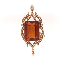 18K Handmade Imperial Topaz Diamond Brooch Pin Yellow Gold