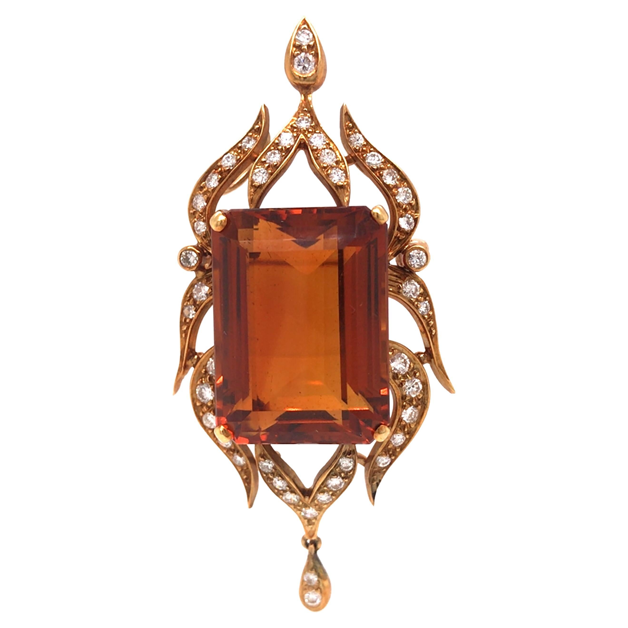 18K Handmade Imperial Topaz Diamond Brooch Pin Yellow Gold For Sale