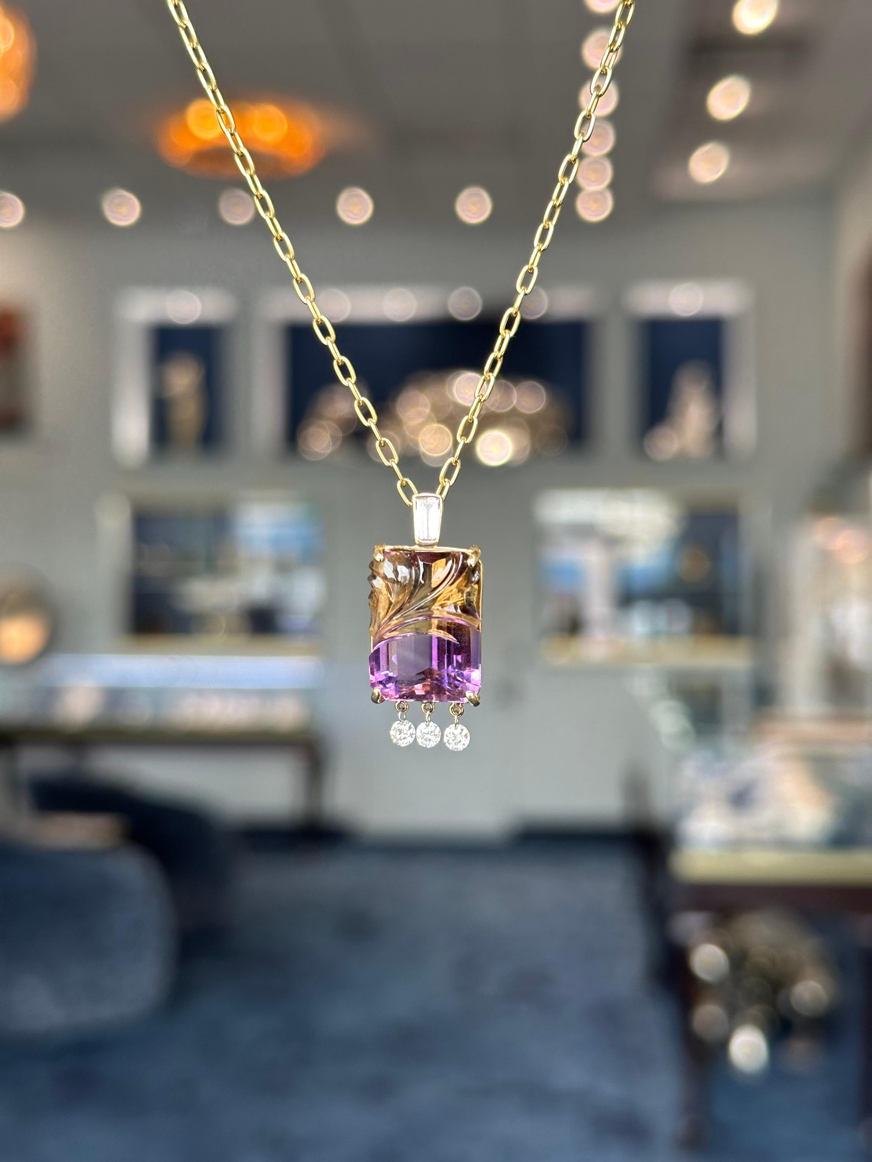 Moderne Collier fait main en or jaune 18 carats avec ametrine taillée de manière artisanale et diamants en vente