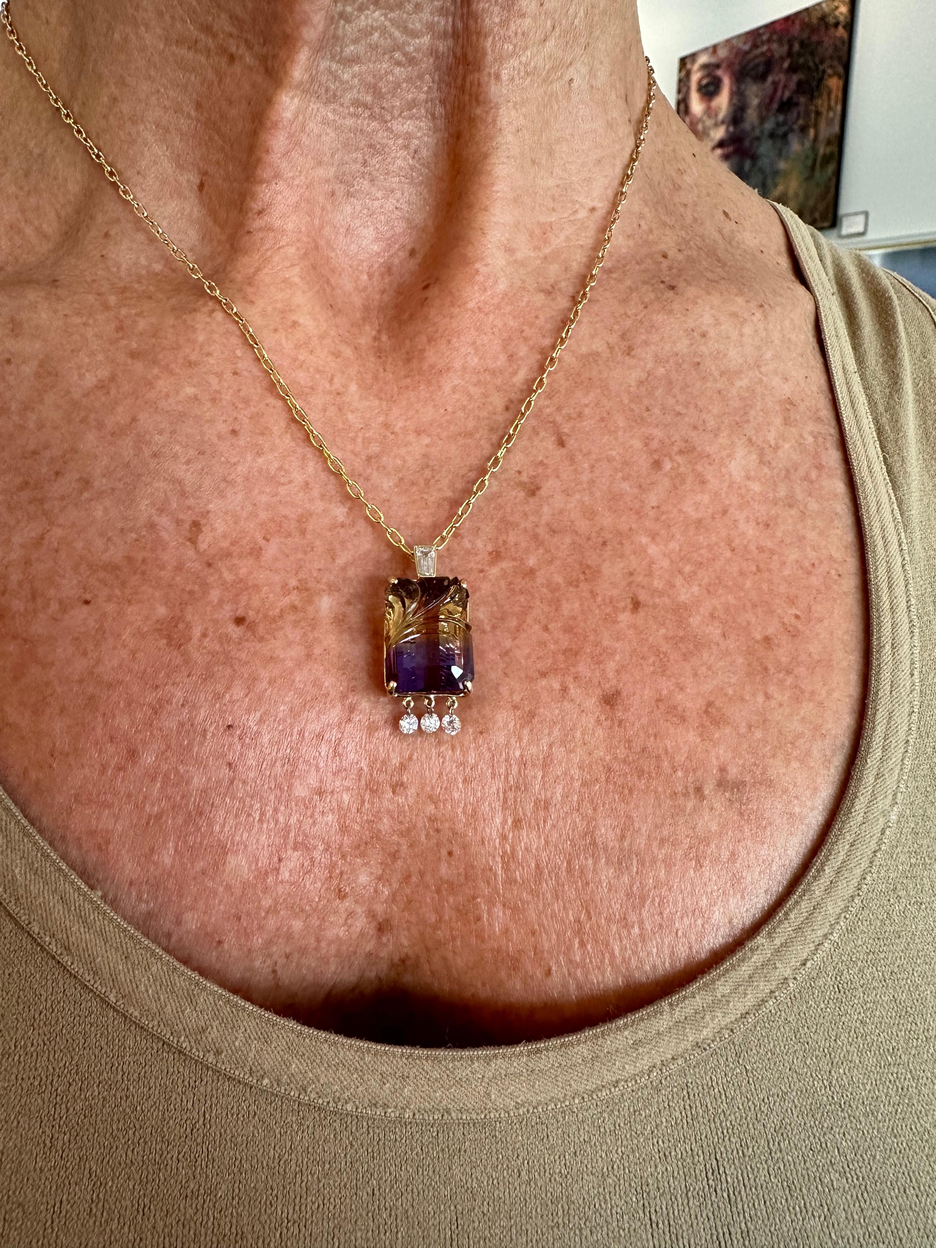 Taille brillant Collier fait main en or jaune 18 carats avec ametrine taillée de manière artisanale et diamants en vente