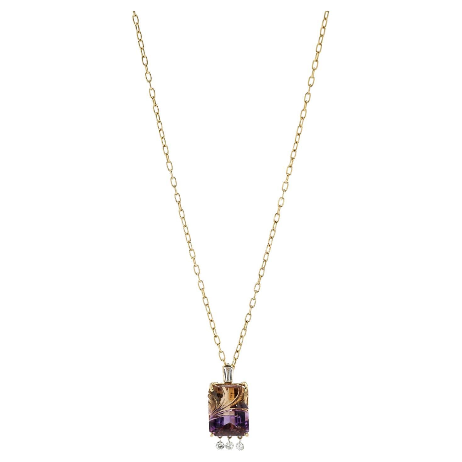 Collier fait main en or jaune 18 carats avec ametrine taillée de manière artisanale et diamants en vente