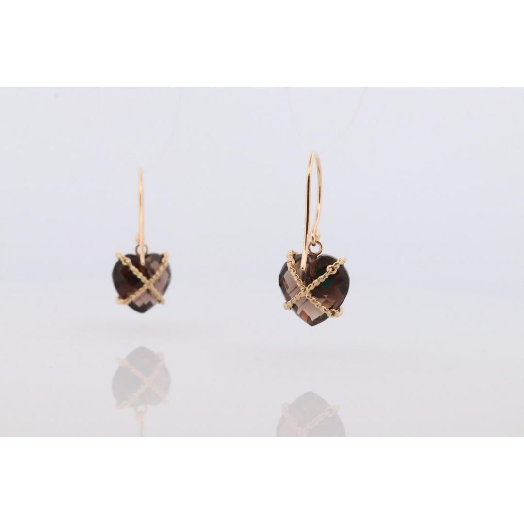 18k Heart Earrings. Smoky Quartz Carved Heart Dangle Earrings. Turquoise For Sale 6