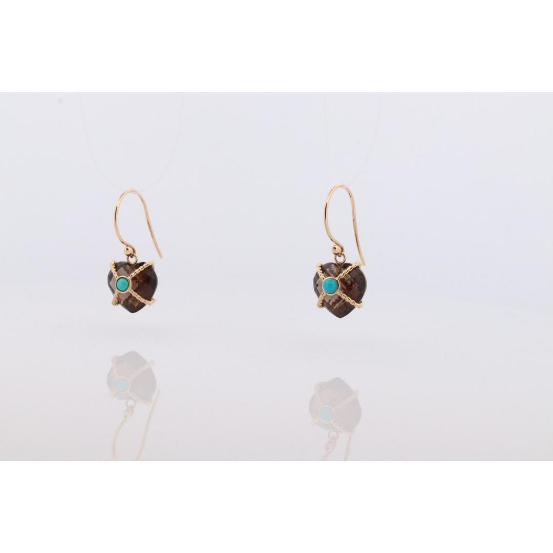 18k Heart Earrings. Smoky Quartz Carved Heart Dangle Earrings. Turquoise In Good Condition For Sale In Port Charlotte, FL