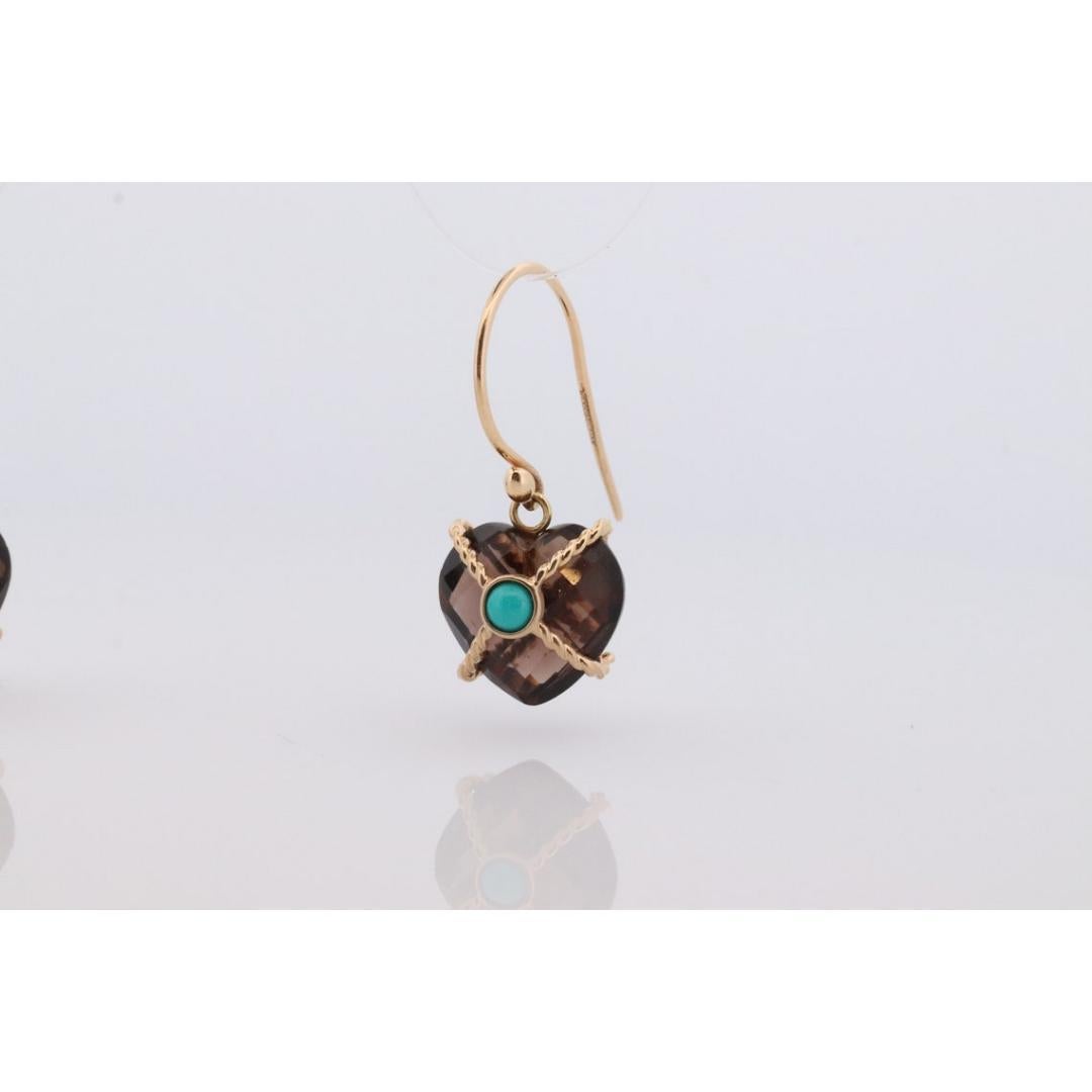 Women's 18k Heart Earrings. Smoky Quartz Carved Heart Dangle Earrings. Turquoise For Sale