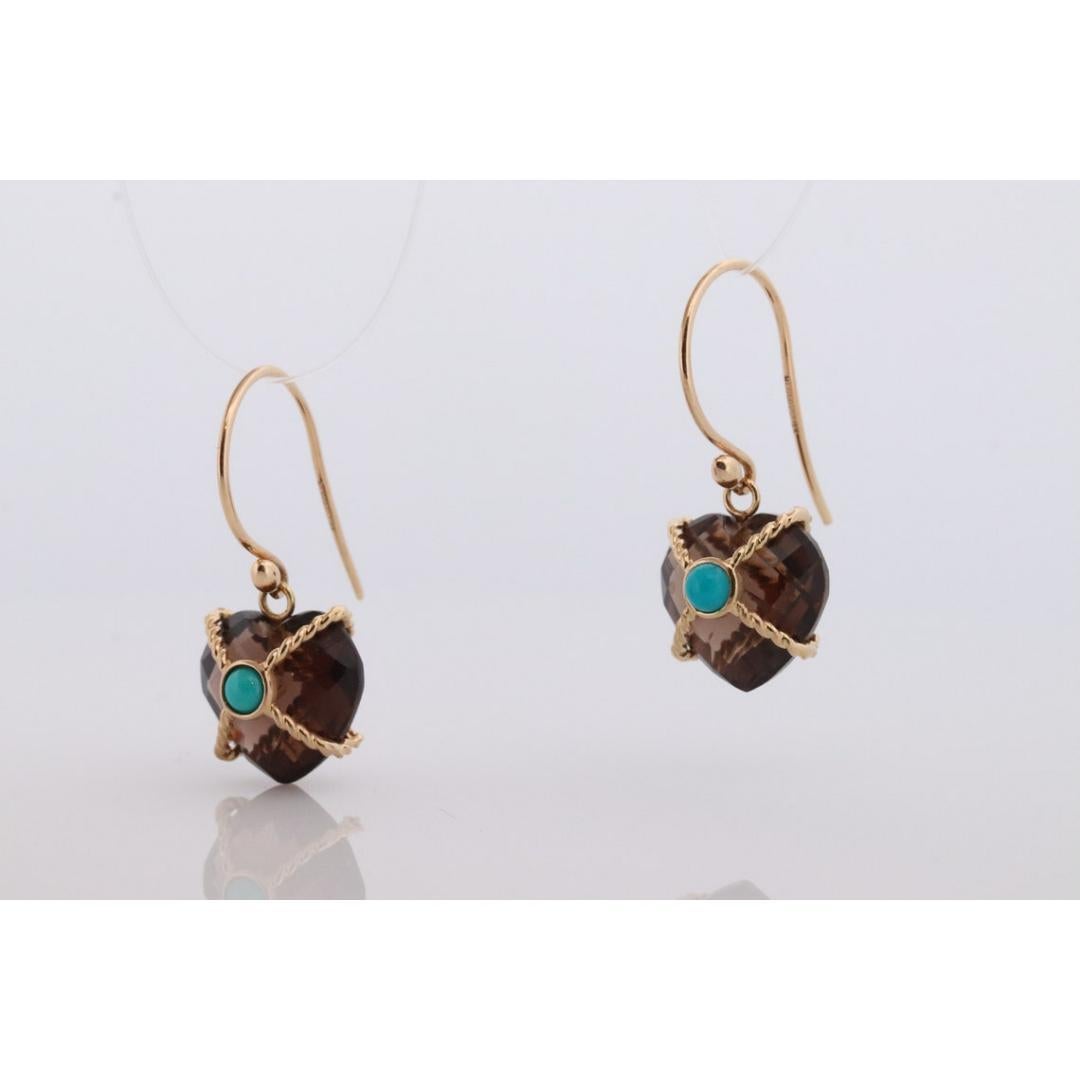 18k Heart Earrings. Smoky Quartz Carved Heart Dangle Earrings. Turquoise For Sale 1