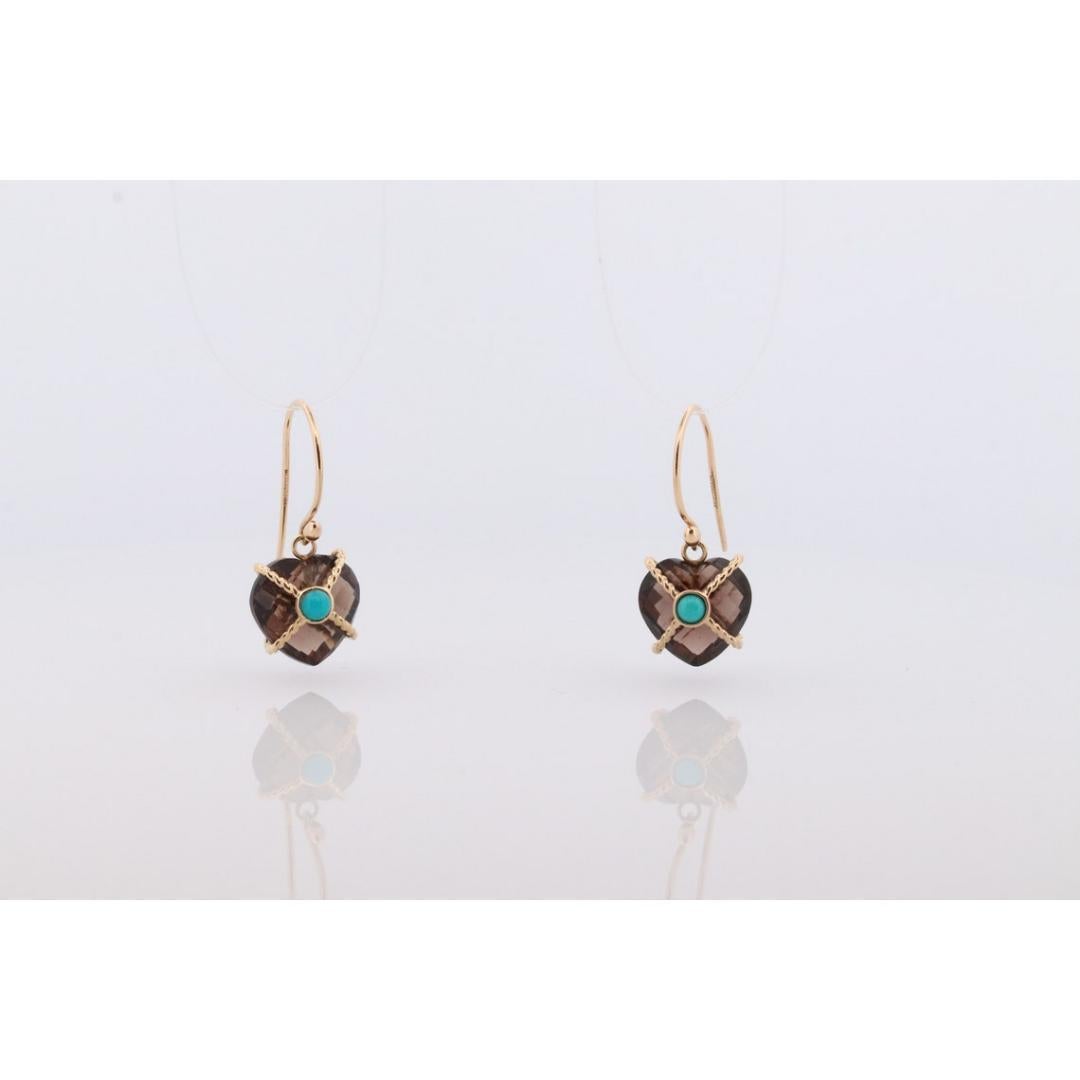 18k Heart Earrings. Smoky Quartz Carved Heart Dangle Earrings. Turquoise For Sale 2