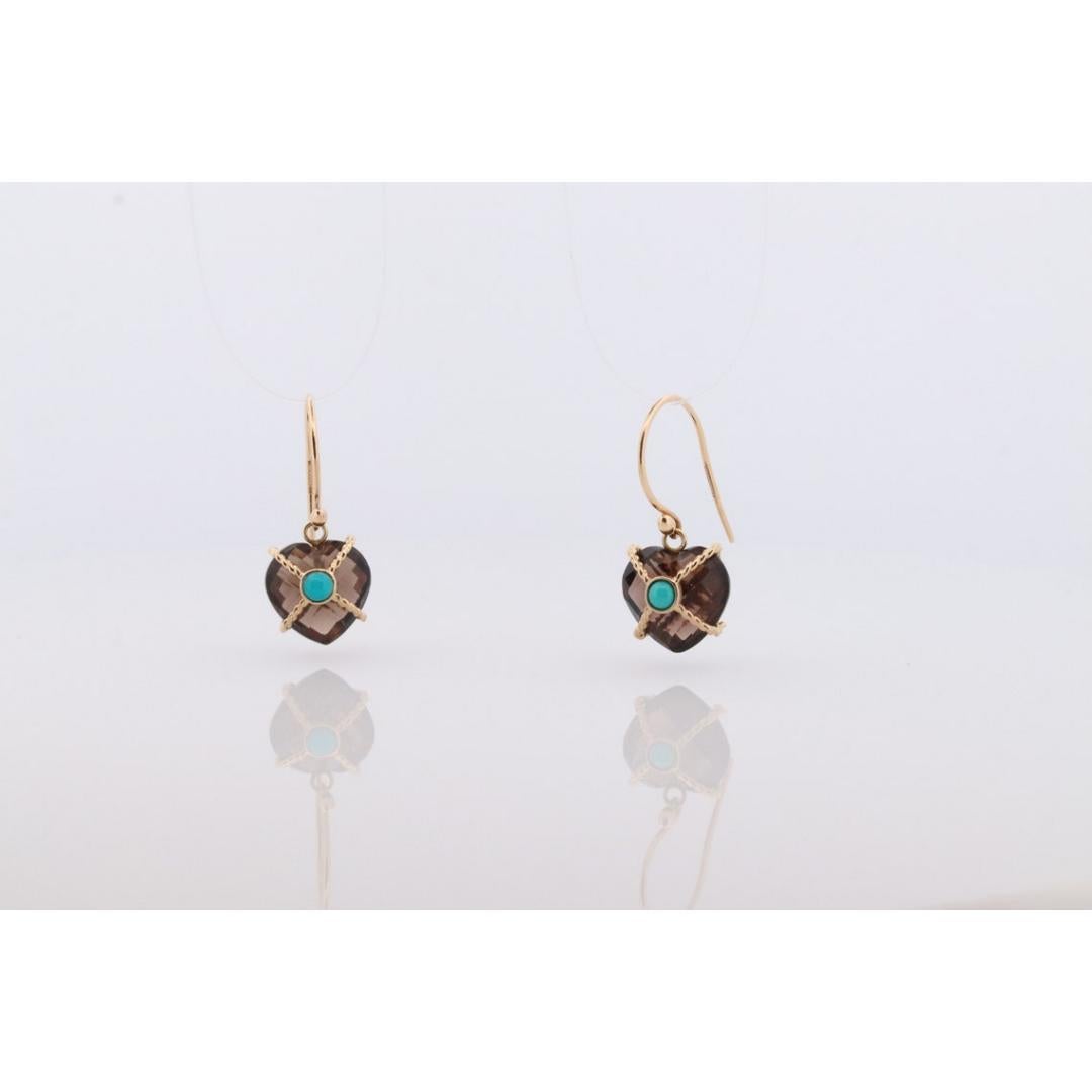 18k Heart Earrings. Smoky Quartz Carved Heart Dangle Earrings. Turquoise For Sale 3