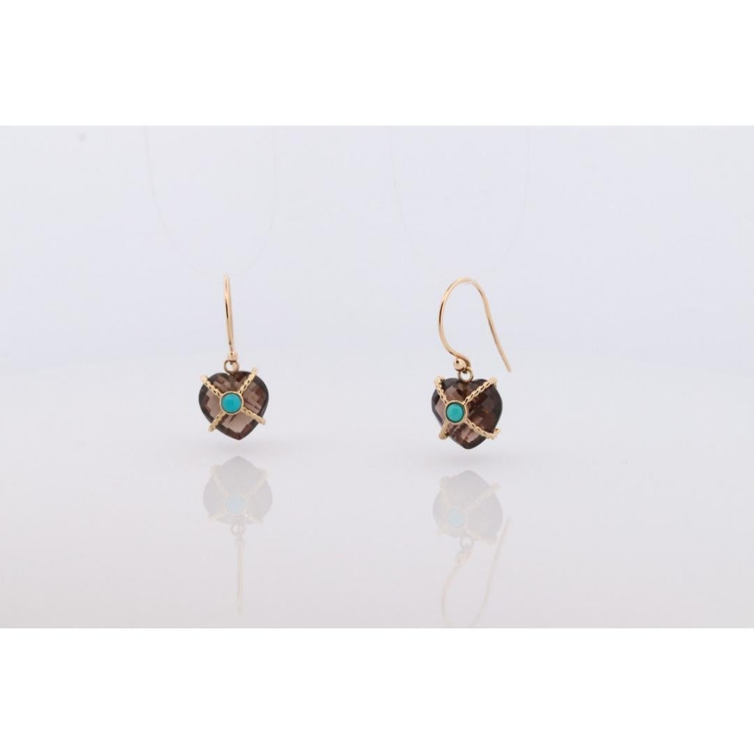 18k Heart Earrings. Smoky Quartz Carved Heart Dangle Earrings. Turquoise For Sale 4