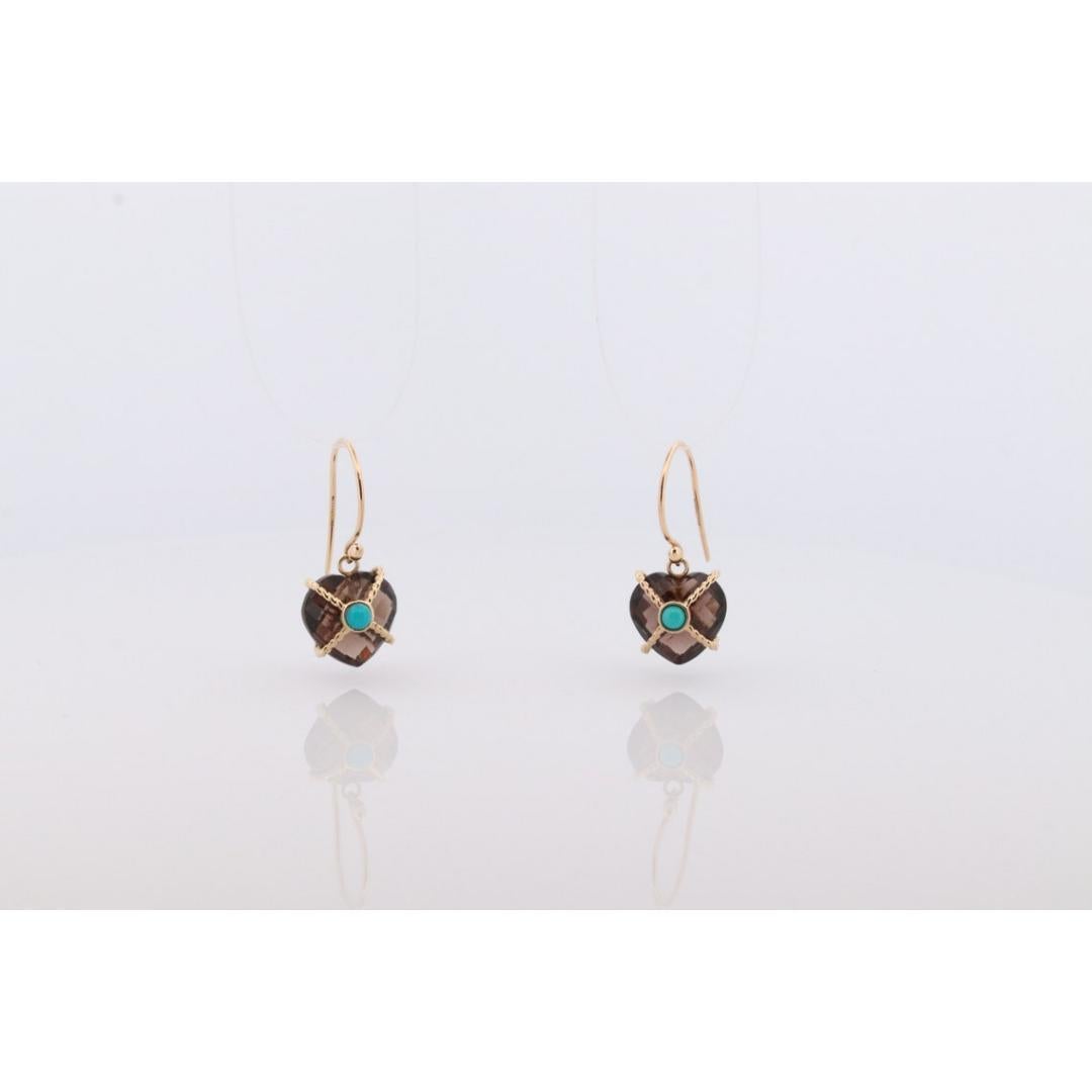 18k Heart Earrings. Smoky Quartz Carved Heart Dangle Earrings. Turquoise For Sale 5