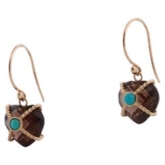 18k Heart Earrings. Smoky Quartz Carved Heart Dangle Earrings. Turquoise