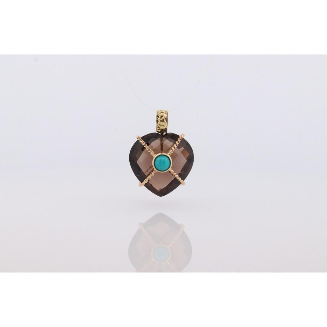 18k Heart Pendant. Smoky Quartz Carved Heart Pendant Charm. Turquoise Cabochon In Good Condition For Sale In Port Charlotte, FL