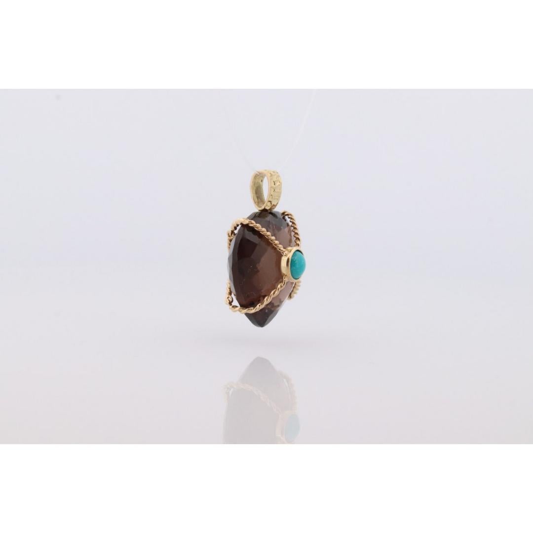 Women's 18k Heart Pendant. Smoky Quartz Carved Heart Pendant Charm. Turquoise Cabochon For Sale