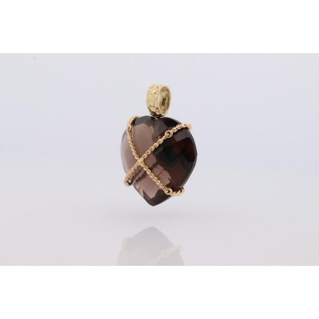 18k Heart Pendant. Smoky Quartz Carved Heart Pendant Charm. Turquoise Cabochon For Sale 1