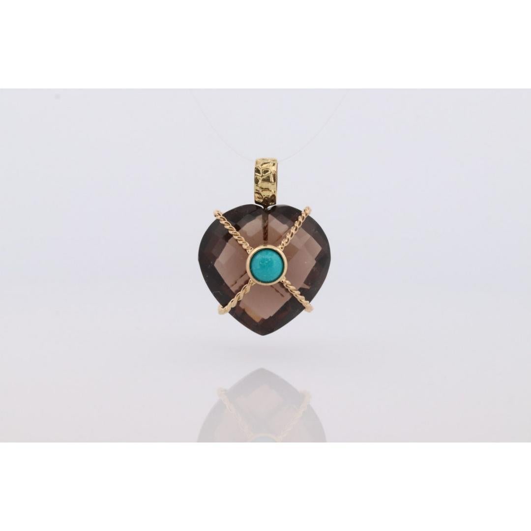 18k Heart Pendant. Smoky Quartz Carved Heart Pendant Charm. Turquoise Cabochon For Sale 2