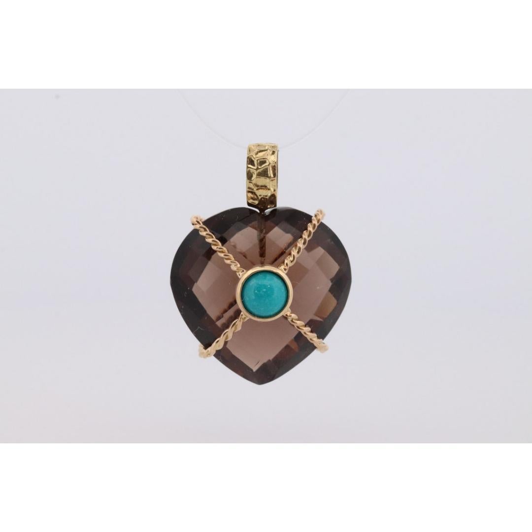 18k Heart Pendant. Smoky Quartz Carved Heart Pendant Charm. Turquoise Cabochon For Sale 3