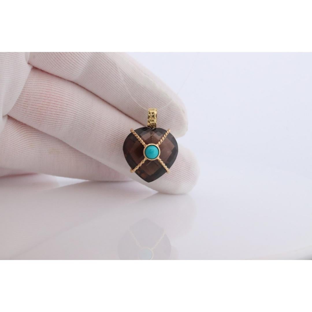 18k Heart Pendant. Smoky Quartz Carved Heart Pendant Charm. Turquoise Cabochon For Sale 4