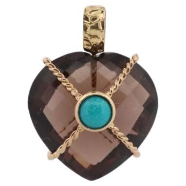 18k Heart Pendant. Smoky Quartz Carved Heart Pendant Charm. Turquoise Cabochon