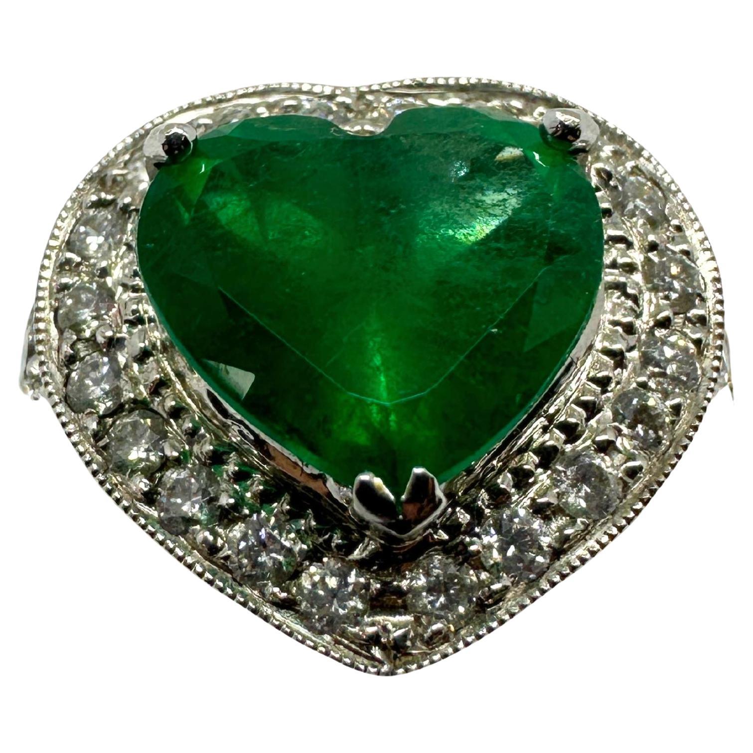 18k Heart Shaped Diamond and Emerald Ring