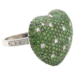 18K White Gold Heart Bombe Ring 4.60 ct Tsavorite and 0.30 ct Diamond Size 7