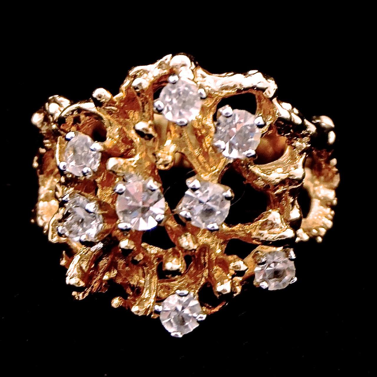 Women's or Men's 18K HGE Gold Electroplate and Clear Rhinestone Organic Design Cocktail Ring