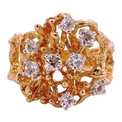 18K HGE Gold Electroplate and Clear Rhinestone Organic Design Cocktail Ring