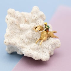 18k horse Brooch - solid yellow gold animal pin - enamel horse racing - Jockey