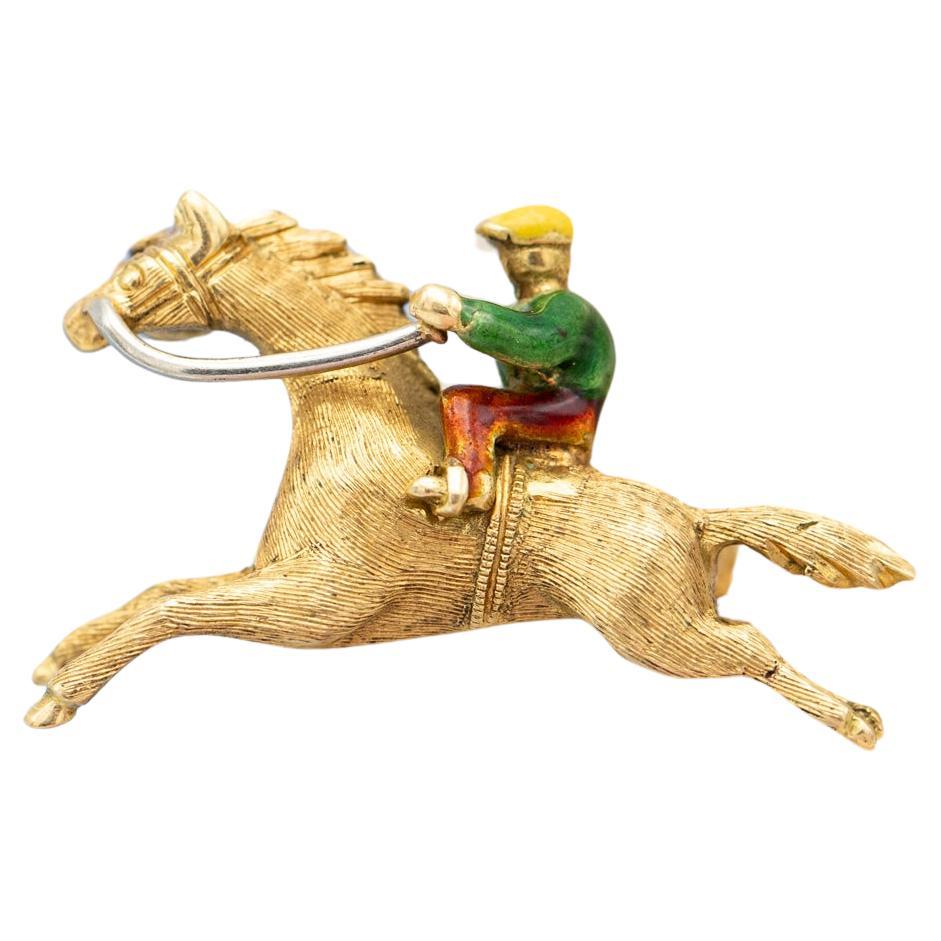 Broche cheval 18k - épingle animal en or jaune massif - émail course de chevaux - Jockey