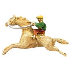 18k horse Brooch - solid yellow gold animal pin - enamel horse racing - Jockey