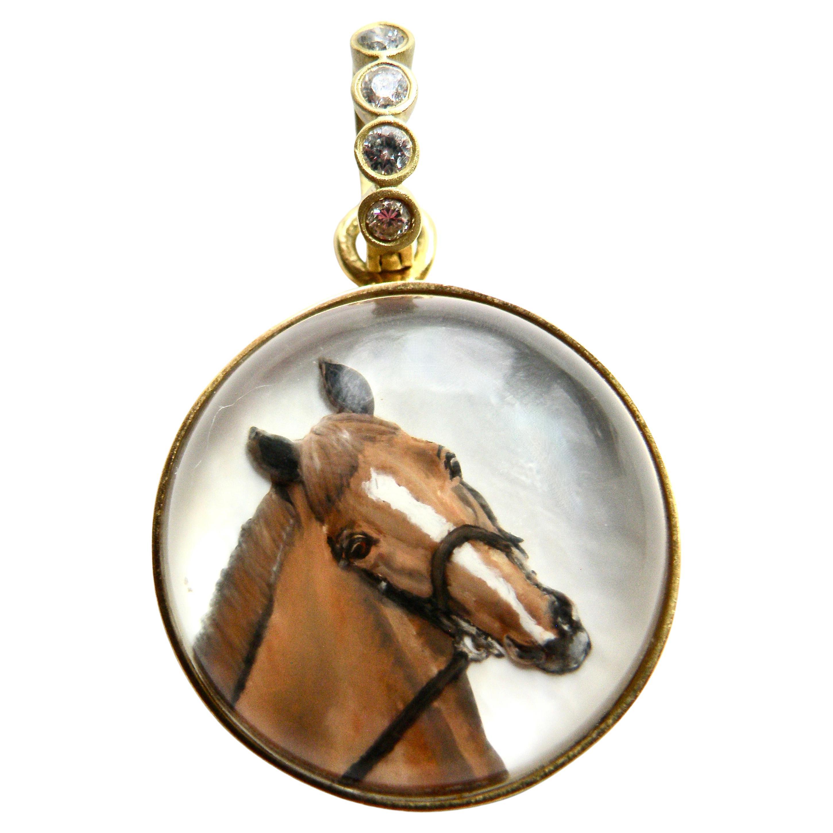 18k Horse enhancer, reverse carved crystal, hand painted horse, sapphire bail