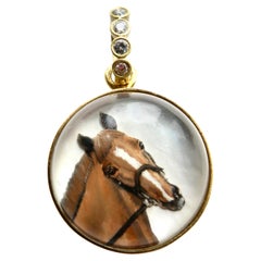 18k Horse enhancer, reverse carved crystal, hand painted horse, sapphire bail