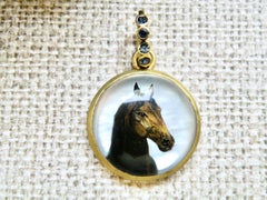 18k horse head enhancer, reverse crystal, hand painted, sapphire bail