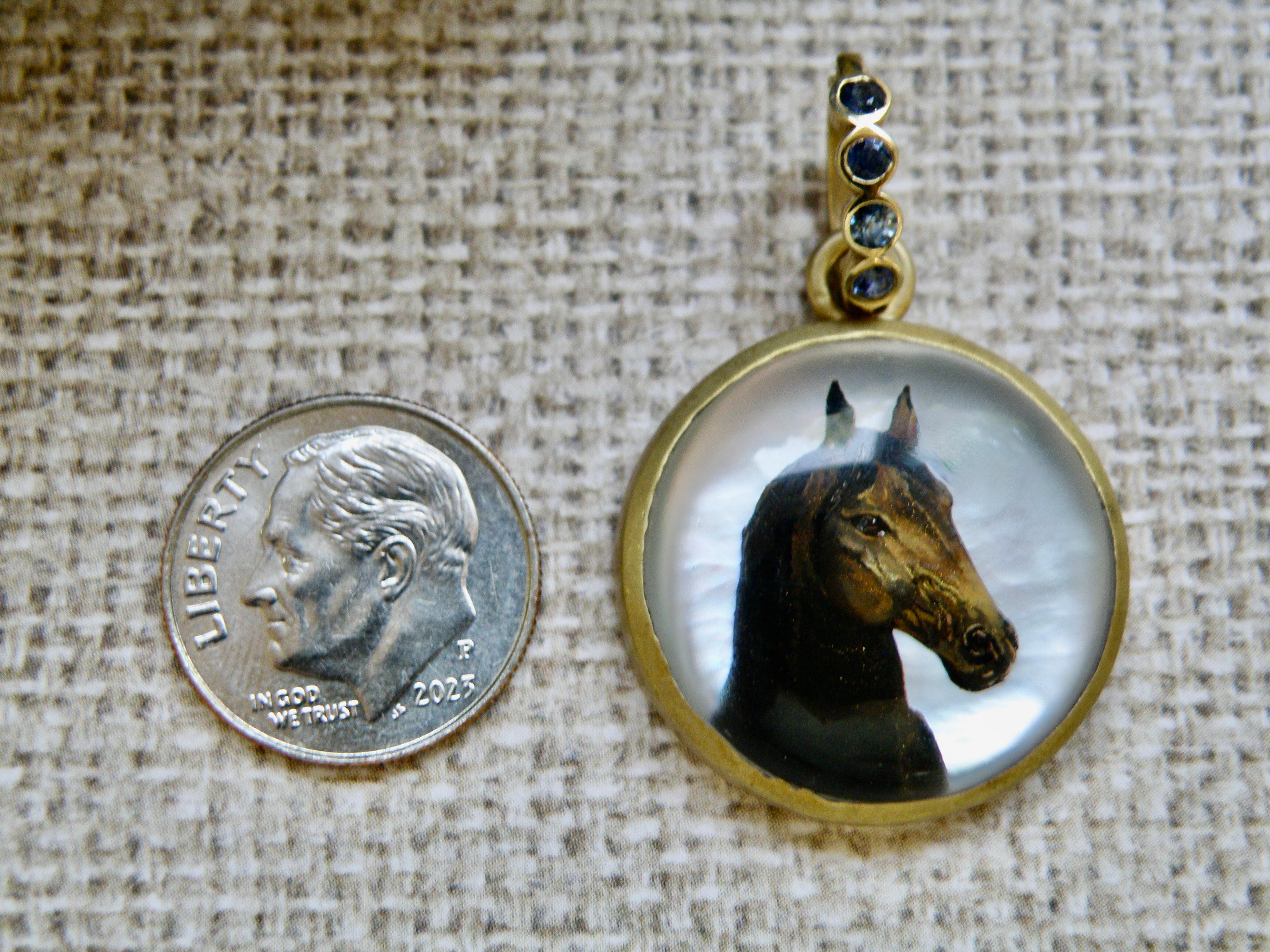 Contemporary 18k horse head enhancer, reverse crystal, hand painted, sapphire bail For Sale