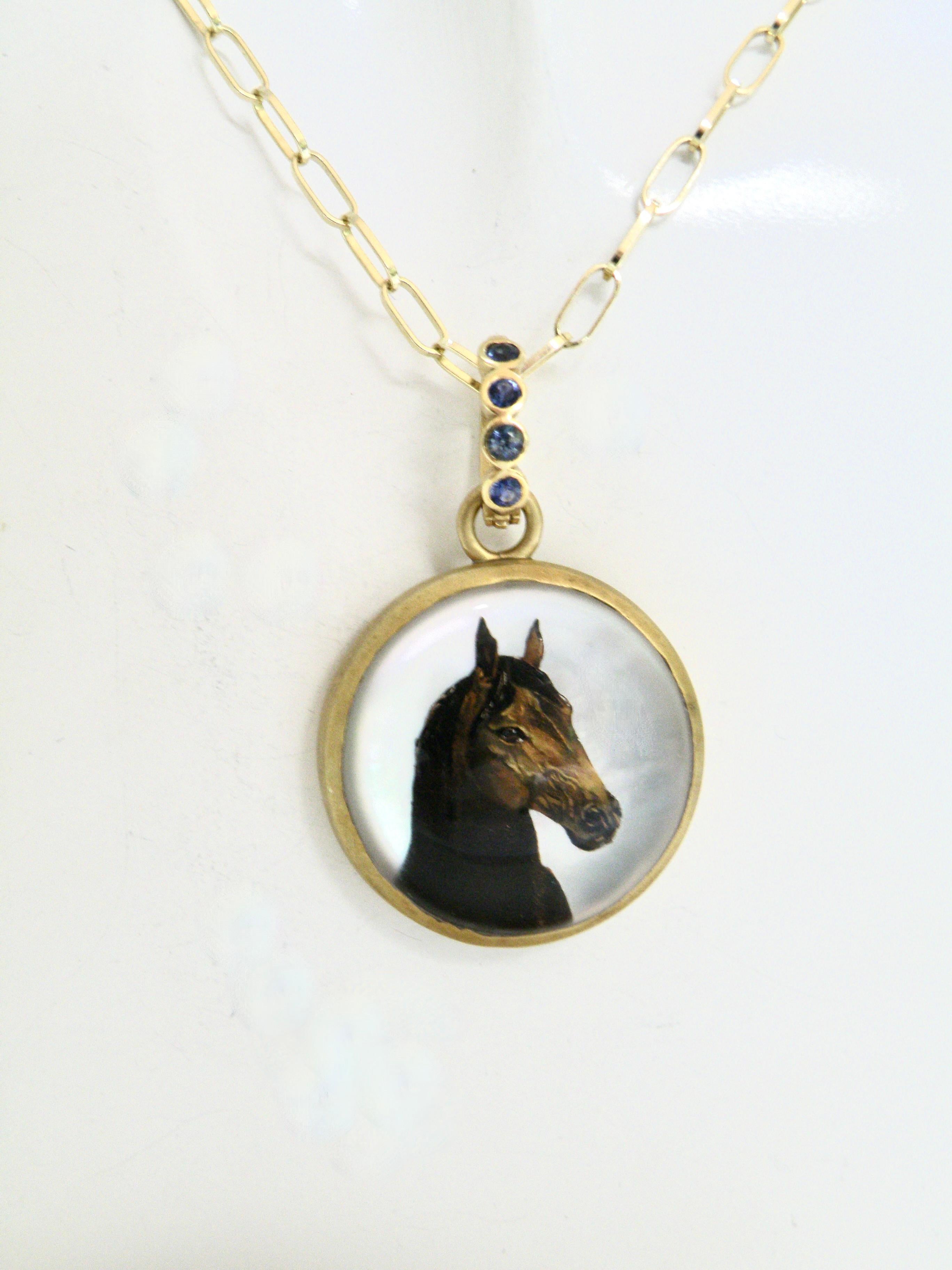 Cabochon 18k horse head enhancer, reverse crystal, hand painted, sapphire bail For Sale