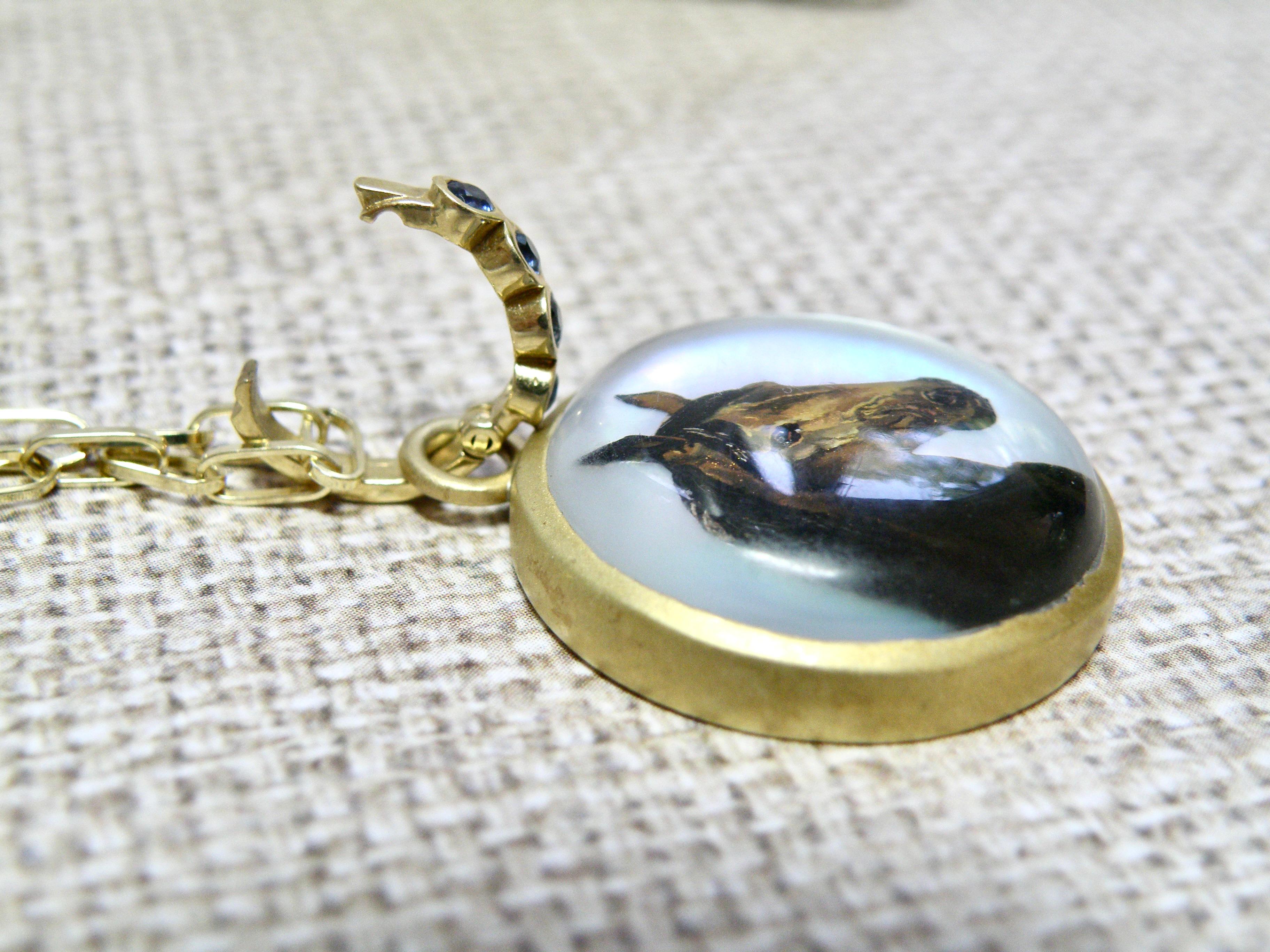 18k horse head enhancer, reverse crystal, hand painted, sapphire bail In New Condition For Sale In Cohasset, MA