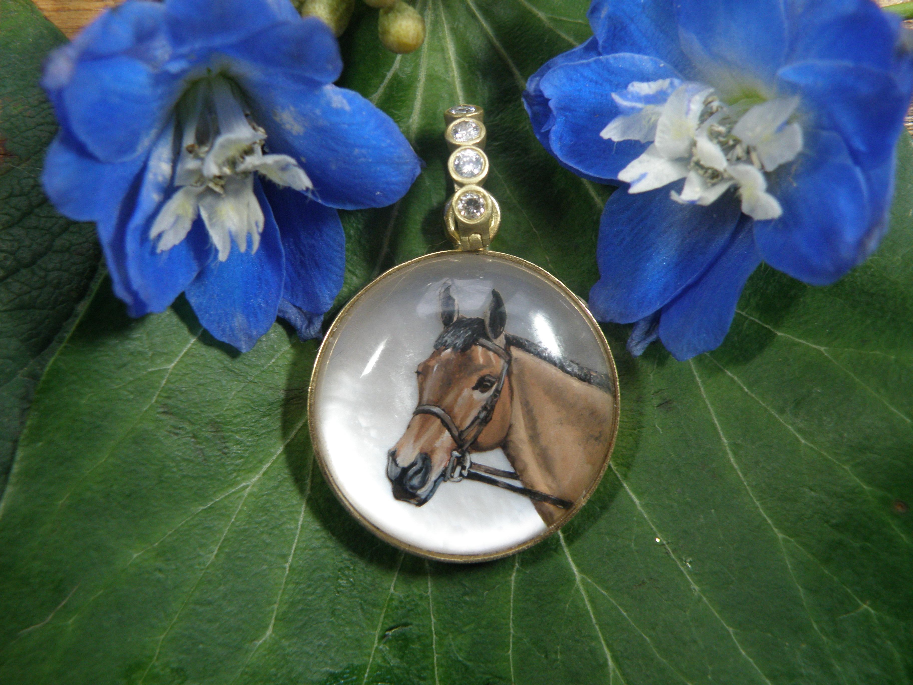 Contemporary 18k Horse Pendant, reverse carved crystal, hand painted, sapphire bail For Sale