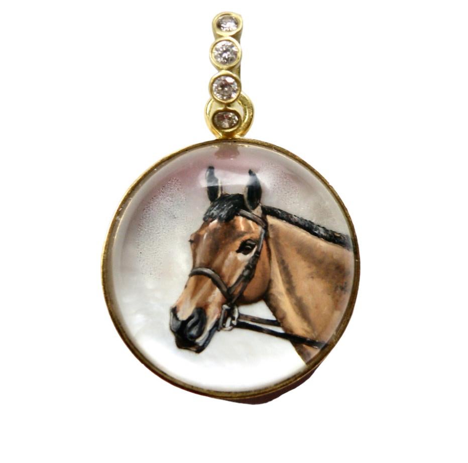 Cabochon 18k Horse Pendant, reverse carved crystal, hand painted, sapphire bail For Sale