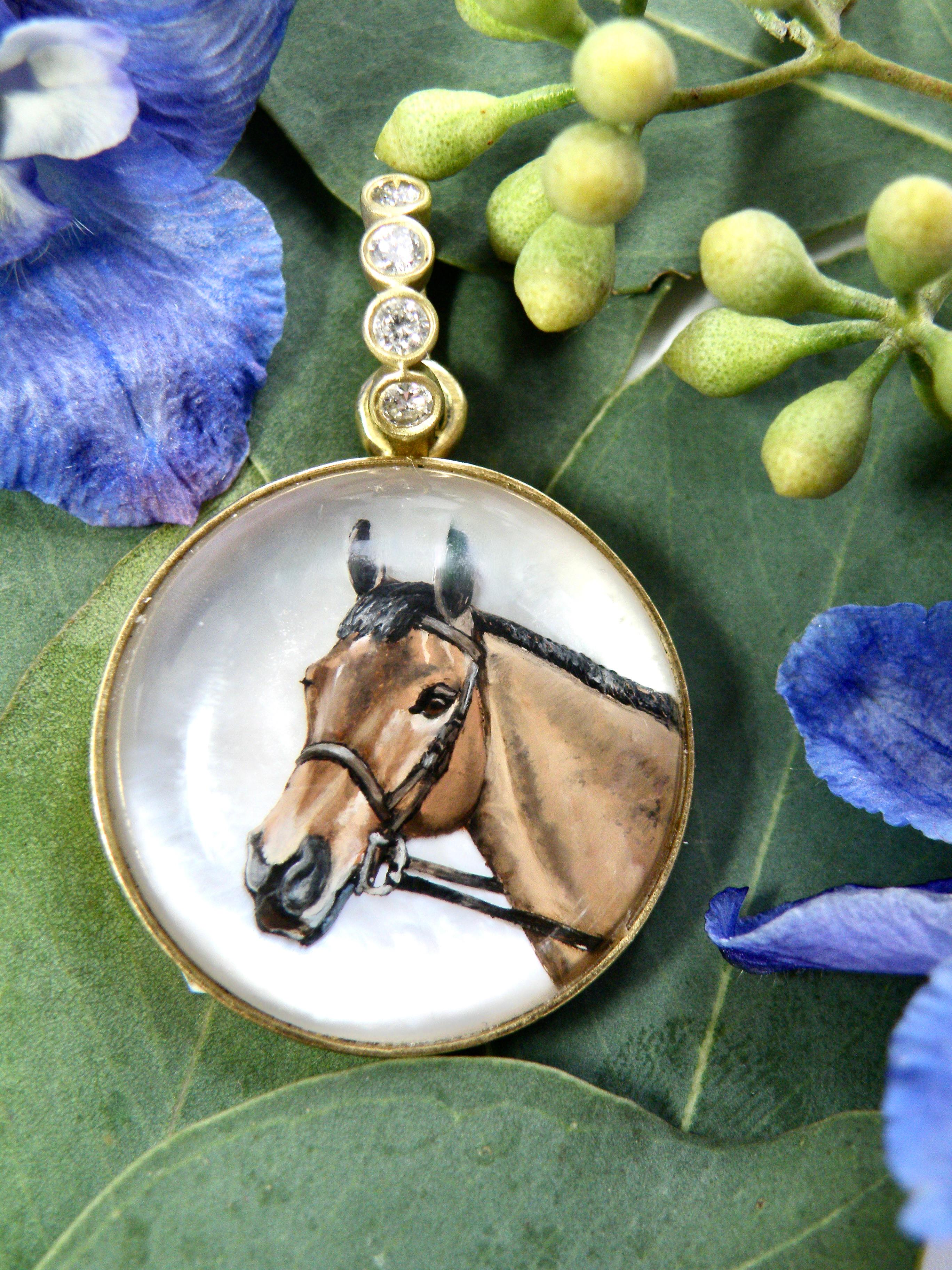 18k Horse Pendant, reverse carved crystal, hand painted, sapphire bail In New Condition For Sale In Cohasset, MA