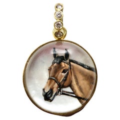 18k Horse Pendant, reverse carved crystal, hand painted, sapphire bail