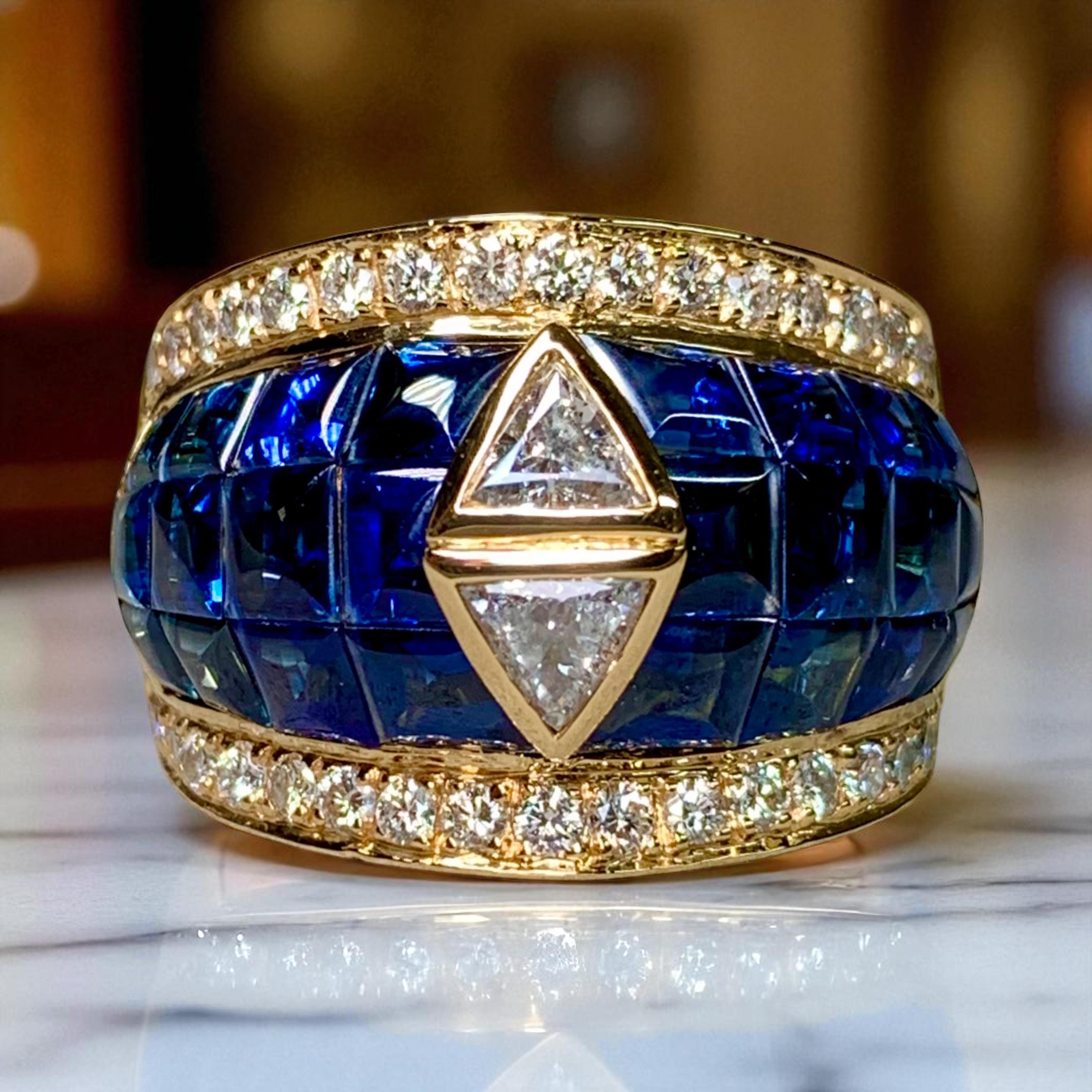 18K Invisible Set Buff Top Sapphire Trilliant Round Diamond Wide Cocktail Ring im Angebot 5